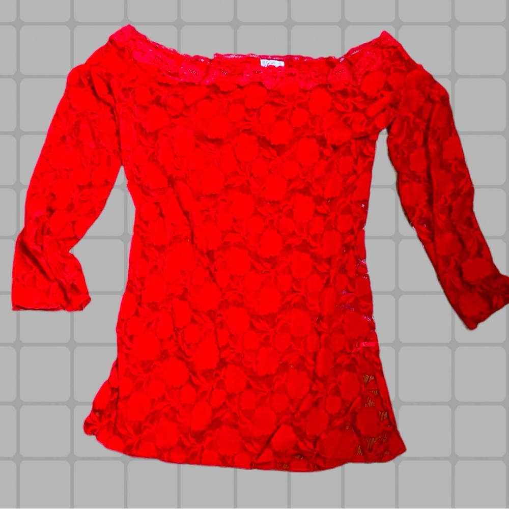 Red Lace Semi Sheer Off Shoulder Sleep Shirt Peony Flower Pattern Plus Sz